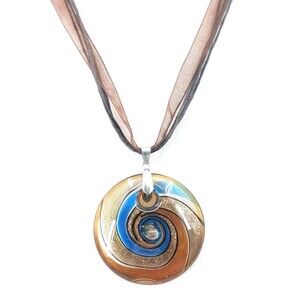 Swirl Blown Glass Glitter Brown Blue Chunky Ribbon Cord Pendant Necklace